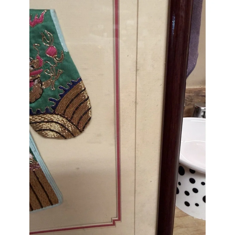 Framed Vintage Chinese Silk Embroidered Dragon Robe Wall Art Gold Thread Green